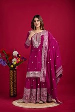 Elegant Pure Chinon Silk Pink Embroidery Sharara Suit Set With Lace Dupatta