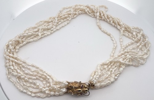 Vintage Sterlingsilber 8 Strang Reisperle Drache Rubin Auge Halskette - Bild 1 von 9