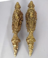 Antique French Gilt Brass Figural Decorative Corner Furniture Mounts Pair