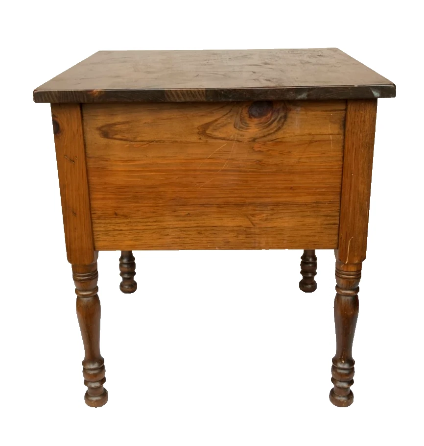 Antigua mesa auxiliar cuadrada de madera maciza del siglo XIX con mesita de noche de 2 cajones Foto 3 de 4