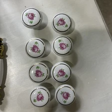 Vintage Porcelain White w/Pink Roses Drawer Cabinet Knobs Set of 11