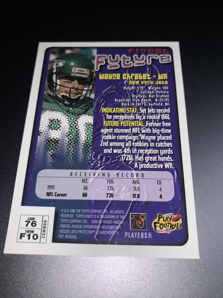 1996 Topps Finest Wayne Chrebet Card #76 - Image 2 of 2
