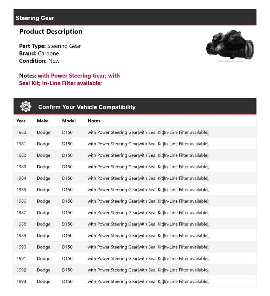 Para Dodge D150 1980-1993 engranaje de dirección Cardone 1981 1982 1983 1984 1985 1986 Foto 2 de 4