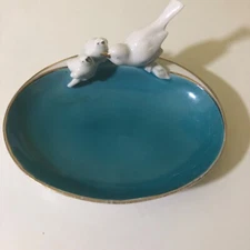 VTG E&R Erphila Trinket Soap Dish Pin White Birds Germany 5” Blue MCM