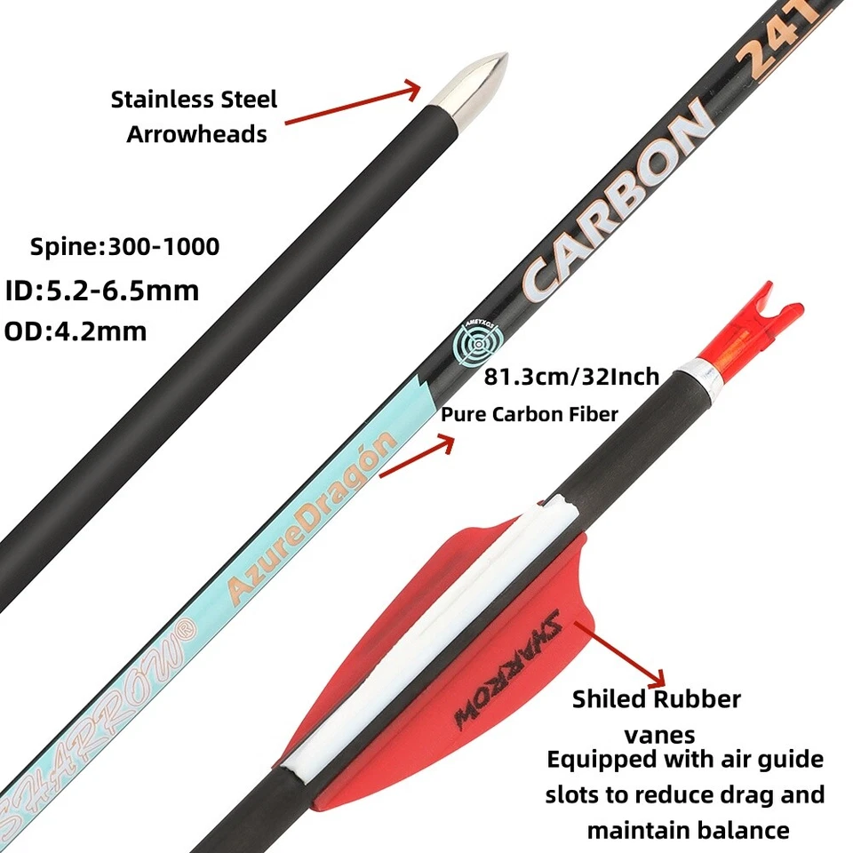 32" Archery Pure Carbon Arrows SP300-1000 Vanes .0001 Compound RecurveBow Target - Image 2 of 4