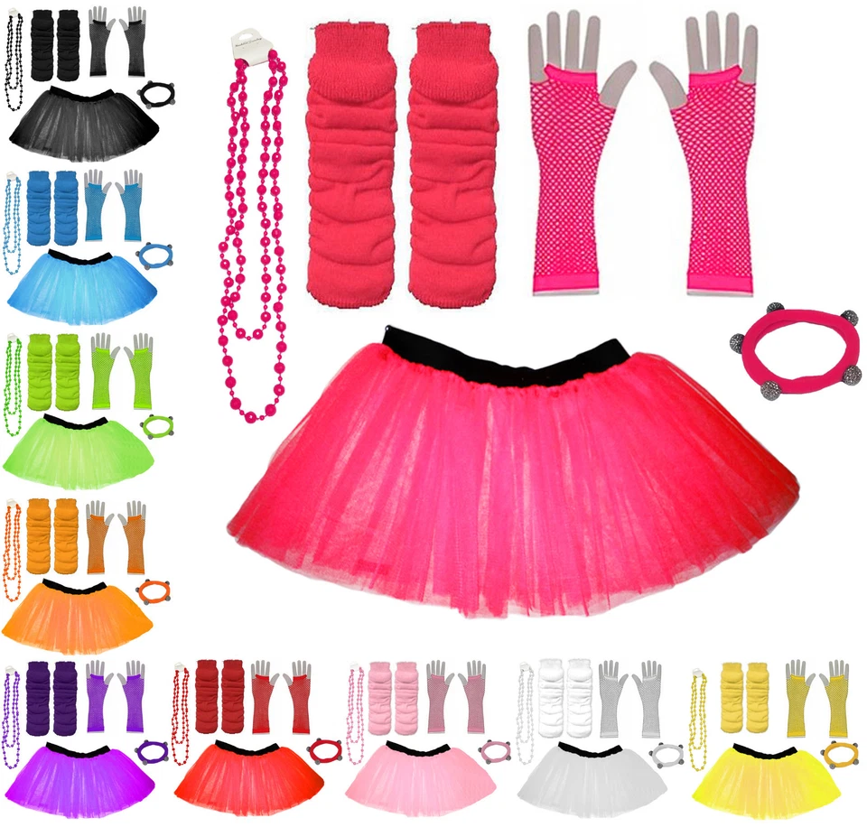 CHILD TUTU SKIRT KIDS FANCY DRESS UV PARTY COSTUMES SET LEG WARMER GLOVES BEADS