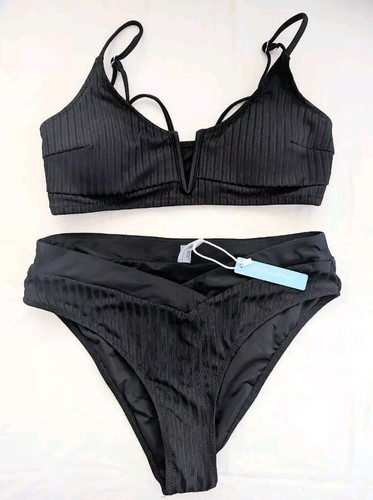 NWT - Popvil Black Ribbed Bikini Small Top & Medium Bottoms - Picture 3 of 4