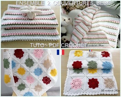 Ensemble 2 PDF CROCHET : Couverture bébé aux rangs fleuris & aux carrés granny ! - Photo 1/4