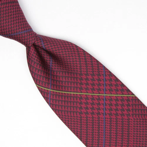 Josiah France Mens Wool Silk Necktie Burgundy Black Glen Plaid Neon Check Italy