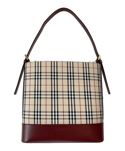 Burberry Nova Check One Shoulder Bag Beige Bordeaux Leather Trim Gold Hardware