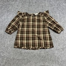Umgee Tunic Blouse Womens M Brown Plaid Ruffl...