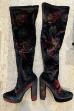 Madden Girl Groupie Black Floral Velvet Over-Knee Platform Heel Boot, Size 7.5