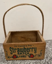 Vintage Lil County Boy Strawberry Patch Wooden Basket Fruit W Handle 5,5x7x5,5