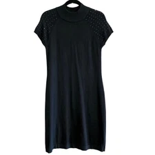 AB Studio Black Rhinestone Embellished Mock Neck Short Sleeve Dress