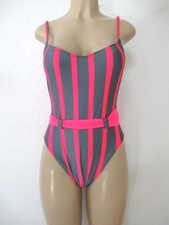 1980s Sassafras One Piece Swimsuit hot pink striped belted size S/M VTG 11/12 