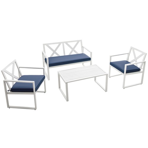 4PCS Patio Furniture Set Outdoor Conversation Set Metal Frame w/ Navy Cushions - Picture 7 of 8