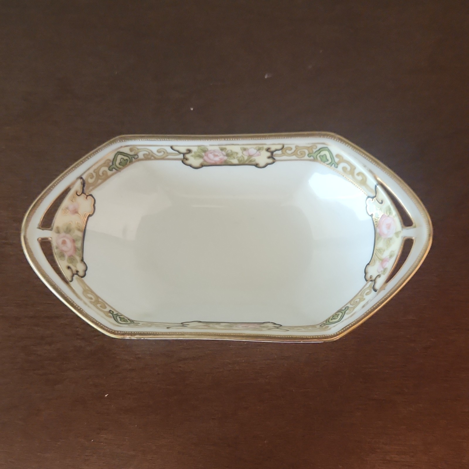 Nippon Porcelain Oval Handled Dish Hand Painted Floral Gold Trim Pink Green