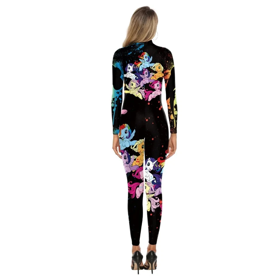 Female Rainbow Unicorn Print Bodysuits Women Back Zipper Party Slim Jumpsuits - Image 2 of 4