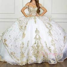 Customized White Shiny Quinceanera Dresses Ball Gown Off Shoulder Gold Applique