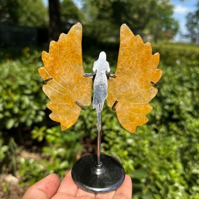 5.2''A pair Natural Yellow gum flower Angel Wing Reiki Crystal Skull Decor+stand