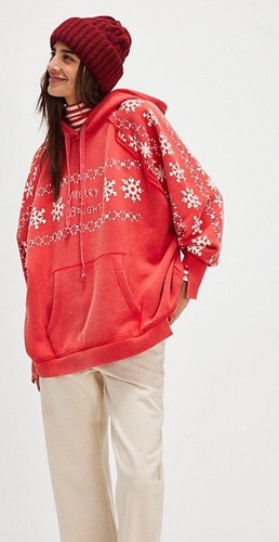 Free People Keepsake Hoodie Xmas Edition Graphic Writing Snowflake Red S NEW - Picture 1 of 6