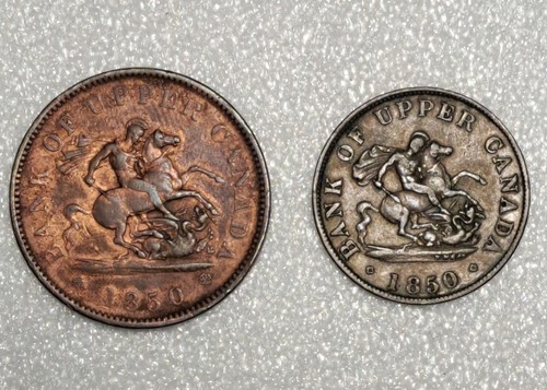 1850 Bank of Upper Canada One Penny & Half Penny Copper Tokens