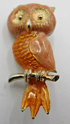 VTG gold tone metal orange enamel OWL on tree branch Brooch Pin Costume Jewelry