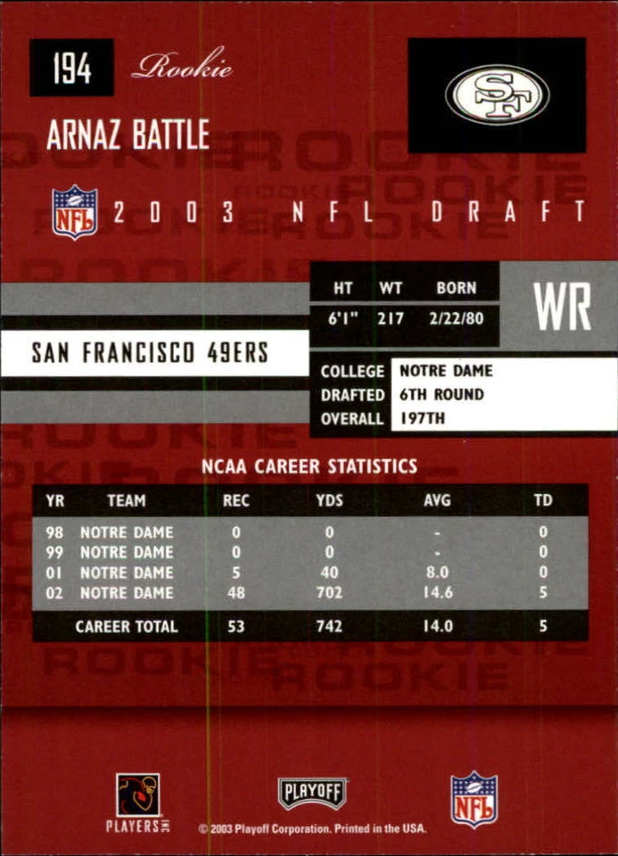 2003 Playoff Prestige #194 Arnaz Battle RC - NM-MT - Image 2 of 2