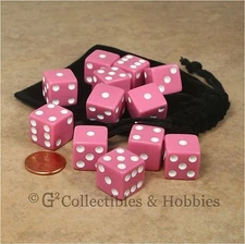 NEW 12 Pink with White Pips Dice + Bag Set D&D RPG Bunco Game D6 16mm 5/8 inch 