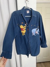 VTG Disney Shirt Women Medium Blue Winnie The Pooh Top Eeyore Corduroy Denim