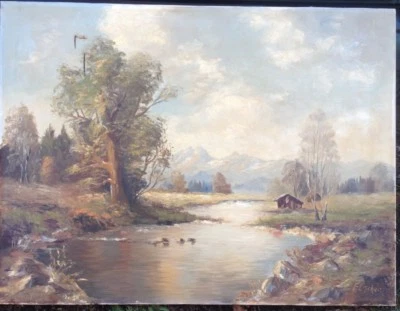 BÄUME AM UFER °ÖLGEMÄLDE VORALPEN FISCHER SIGNIERT° UFER SEE LANDSCHAFT ANTIK - Bild 1 von 4