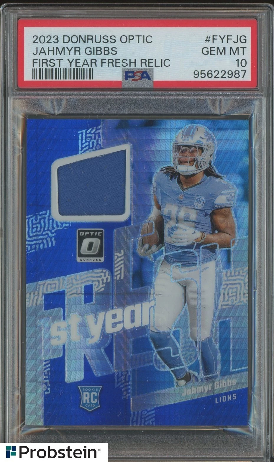 Jahmyr Gibbs Panini Donruss Optic First Year Fresh Relics #FYFJG Blue Hyper