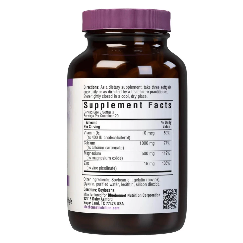 Bluebonnet Calcio Magnesio Zinc y Vitamina D3 60 Cápsulas Blandas Foto 2 de 4