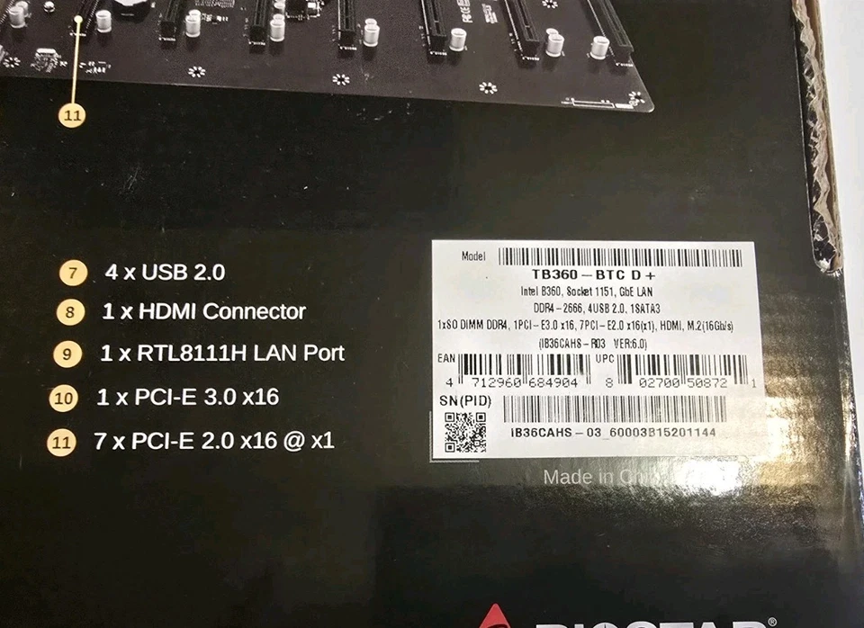 BIOSTAR TB360-BTC D+ LGA1151 Riserless 8 GPU Mining Motherboard | Brand New - Image 2 of 4