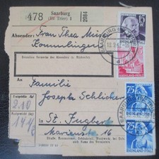 W38 Paketkarte 1947 Saarburg -  St. Ingbert/Saar, Franz. Zone Rh-Pfalz