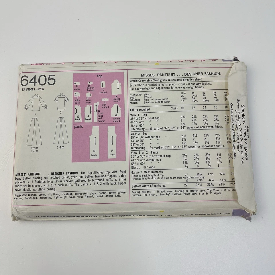 Pantsuit Size 14 b36 CUT Vtg 70s Pattern 6405 Notched Collar Turn Back Cuffs - Image 2 of 2
