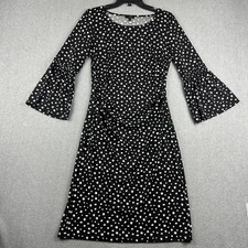 Talbots Dress Womens Medium Black Polka Dot 3/4 Bell Sleeve Ruched Sheath Party