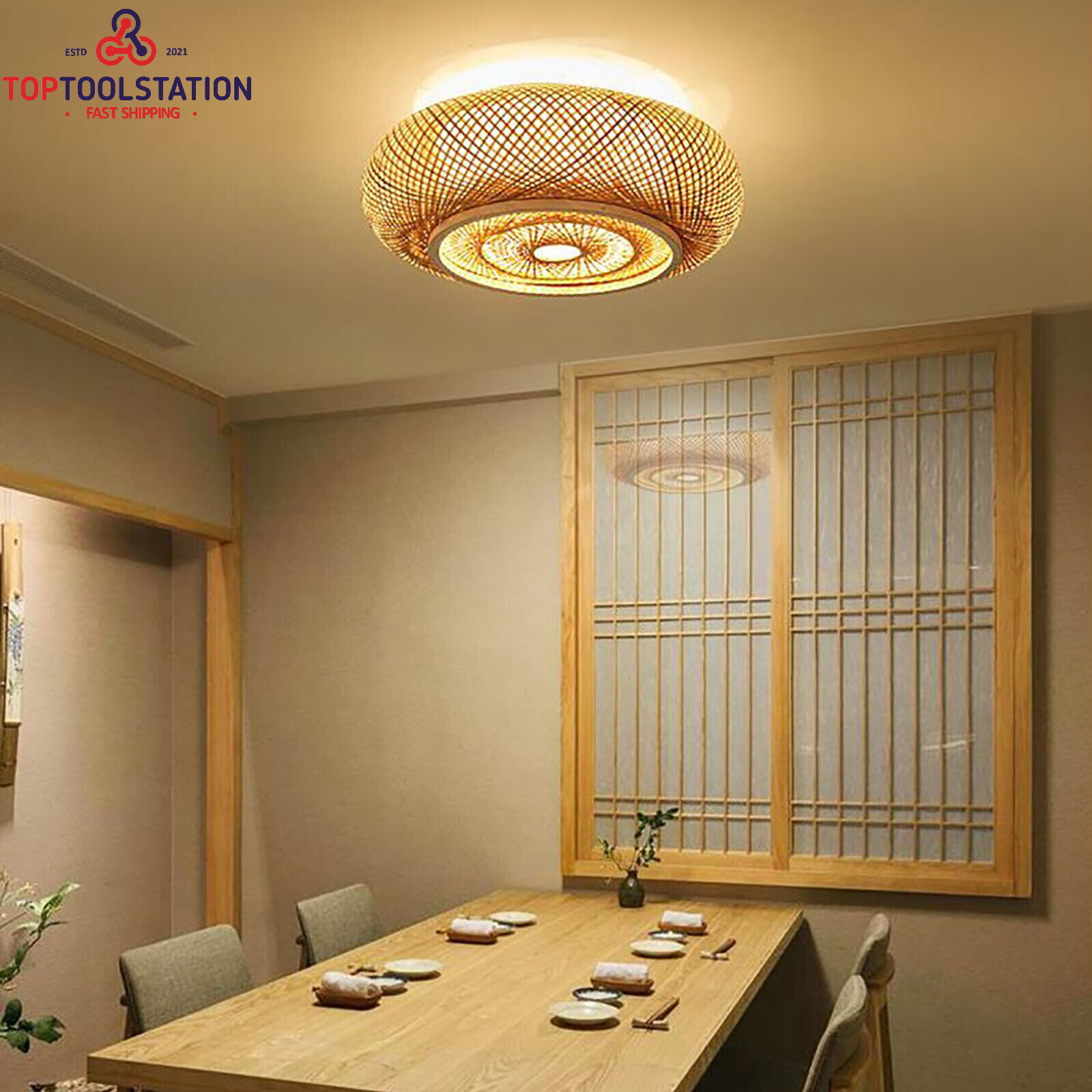 Bamboo Wicker Rattan Ceiling Light Fixture Flush Mount Rustic Ceiling Lamp Home
