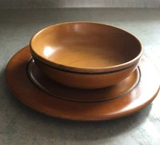 Vintage RobinHood Ware Wood Plate and Bowl Combo w/painted black trim #5566 pair