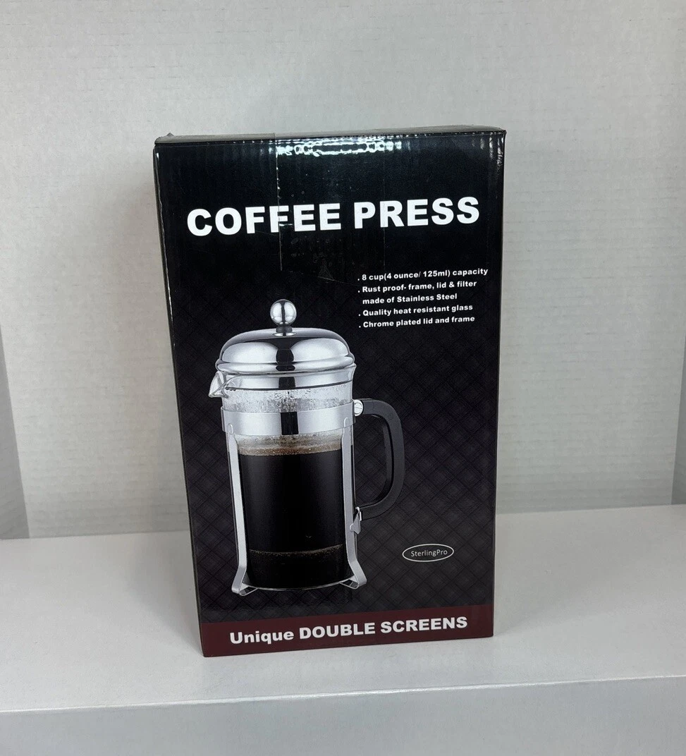 Coffee Press Sterling Pro Stainless Steel 8 Cup New in Box Double Screens