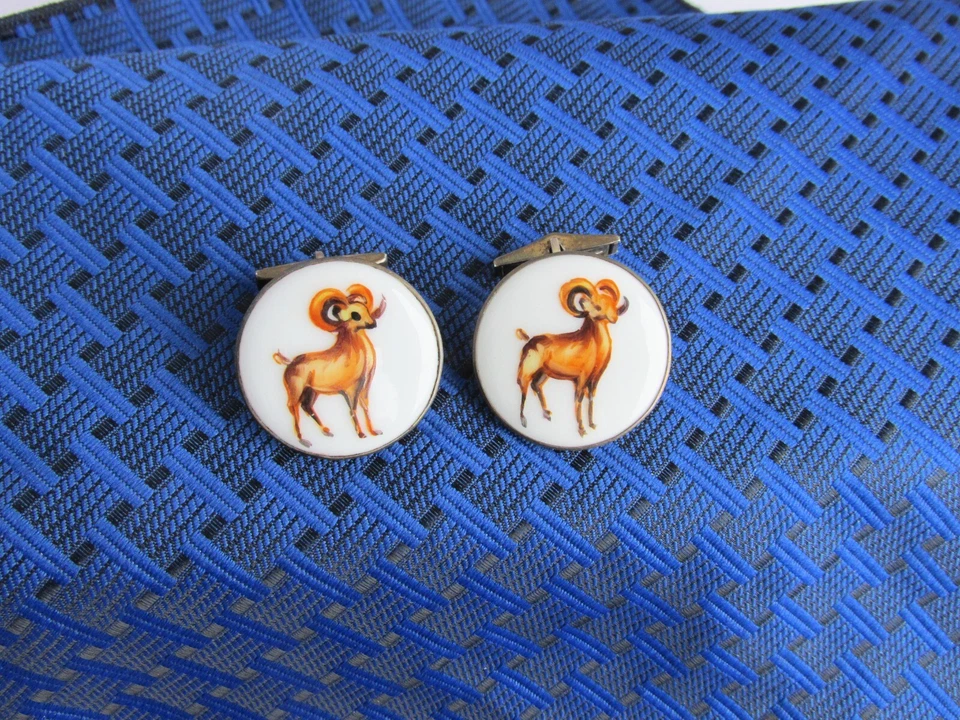 Gemelos Michaud vintage de plata esterlina porcelana pintados a mano carneros Foto 2 de 4