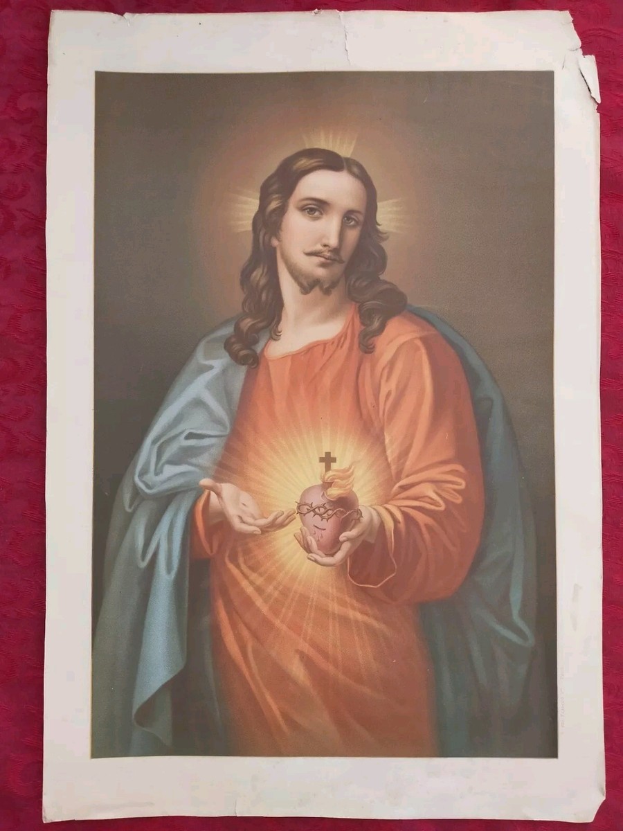 Gravure Originale XIXe - Sacré-Cœur De Jésus - En Couleurs - Assez Bon état