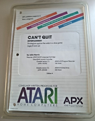 Can't Quit APX ;Atari 400/800/XL/XE Disk w/Manual APX-20220- Plastic Cover