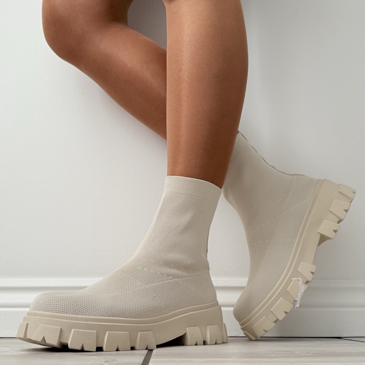 Womens Light Beige Chelsea' Ankle Boots Chunky Sole Flat Sock