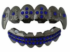 Custom Fit Black CZ Mouth Teeth Metal Grillz Upper Lower Fangs Set Blue Stones