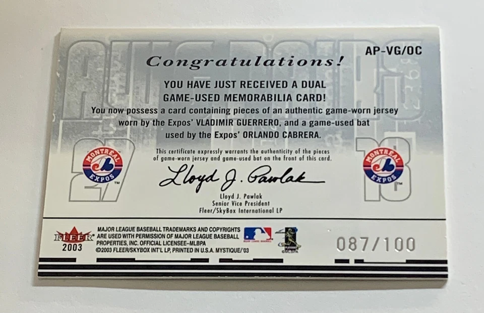 2003 Fleer Mystique Awe Pairs Game Worn & Bat /100 Vlad Guerrero O. Cabrera - P - Image 4 of 4