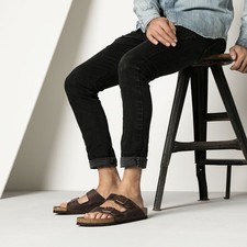 BIRKENSTOCK ARIZONA HABANA BROWN MEDIUM/NARROW WIDTH OILED LEATHER SLIDE SANDALS