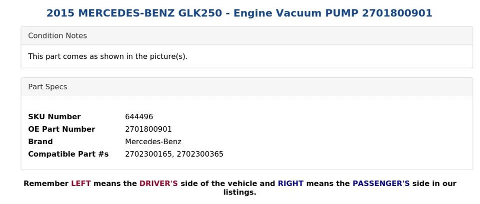 Mercedes-Benz GLK250 2015 - Bomba de vacío del motor 2701800901 Foto 4 de 4