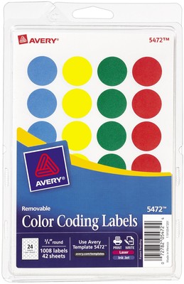 Avery Print/Write Self-Adhesive Removable Labels 1008/Pkg-Assorted (Blue,Green,R