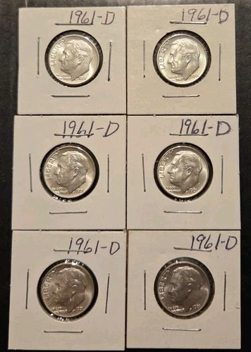 1961 D ROOSEVELT DIME,  uncirculated lot of 6 dimes